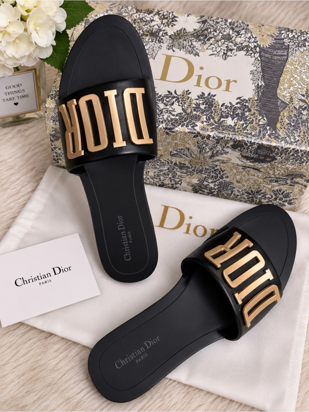 Dior Black Slides with Gold Dior Lettering